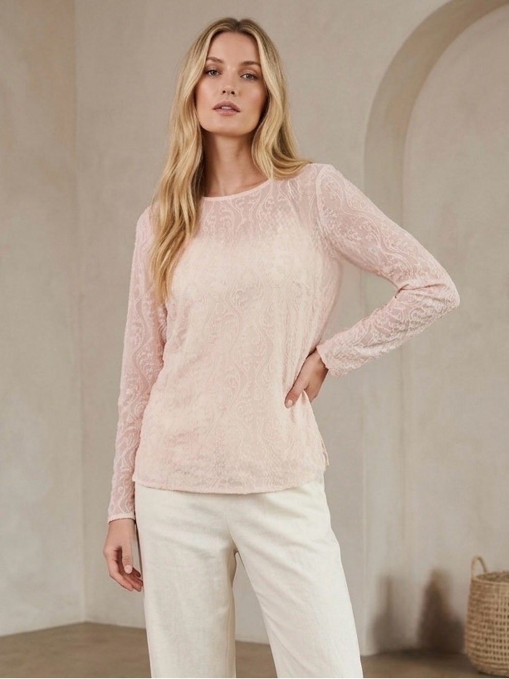 LOFT Top M Petite Pink Lace Jacquard Sheer Long Sleeve Y2K Vintage Blouse